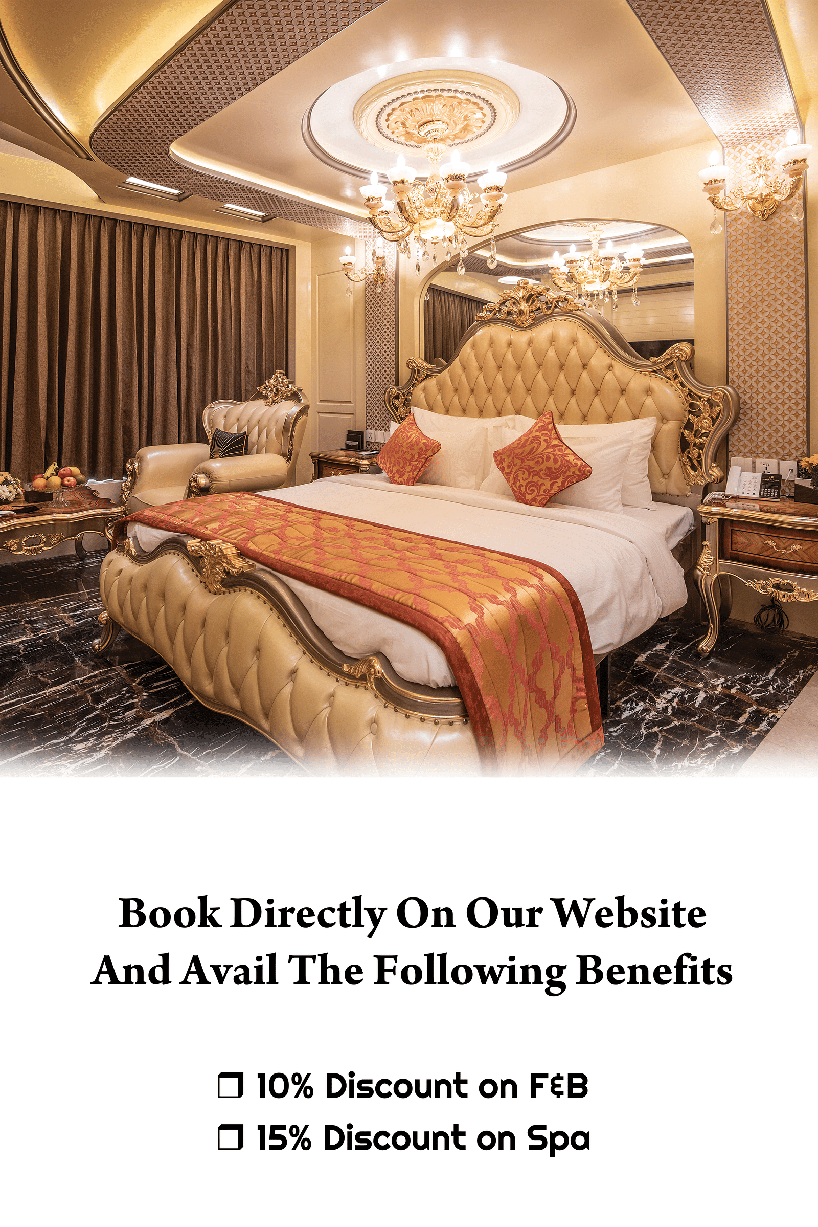 Creative image showcasing a room with a cozy king-sized bed, highlighting the special room discount offer